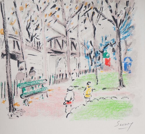 Paris, Parc près du métro aérien, Lithographie originale signée de Robert Savary, Impresión a la venta en Singulart
