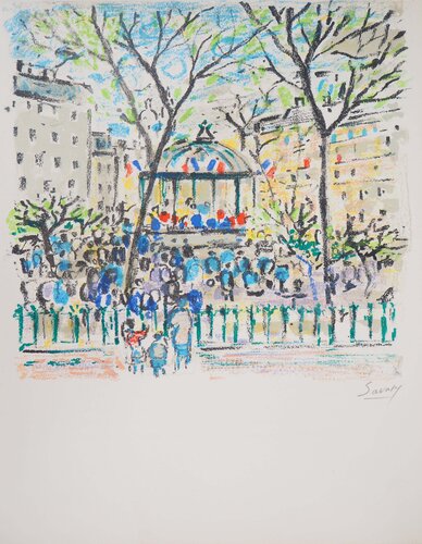 Paris, le Kiosque place de la Nation, Lithographie originale signée de Robert Savary, Impresión a la venta en Singulart