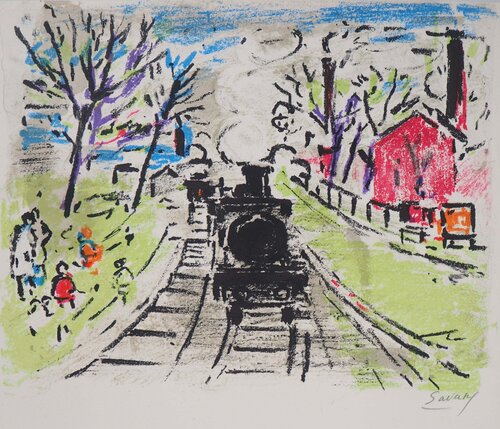 Paris, Le petit train de Banlieue, Lithographie originale signée de Robert Savary, Impresión a la venta en Singulart