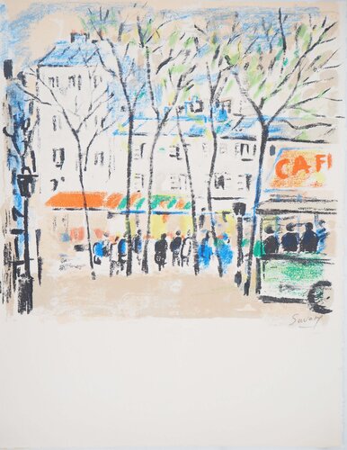Paris, Le marché vers Bastille, Lithographie originale signée de Robert Savary, Impresión a la venta en Singulart