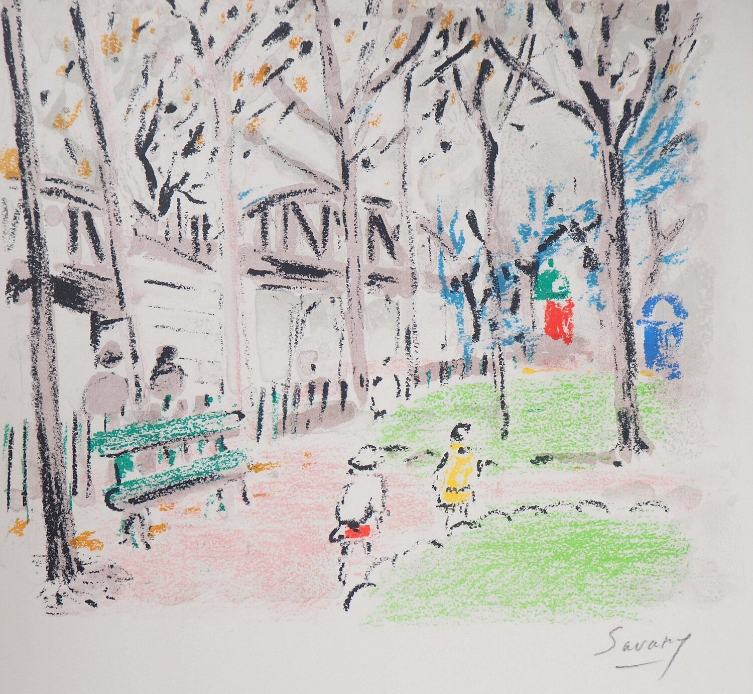 Paris, Parc près du métro aérien, Lithographie originale signée Robert Savary Impresión en venta