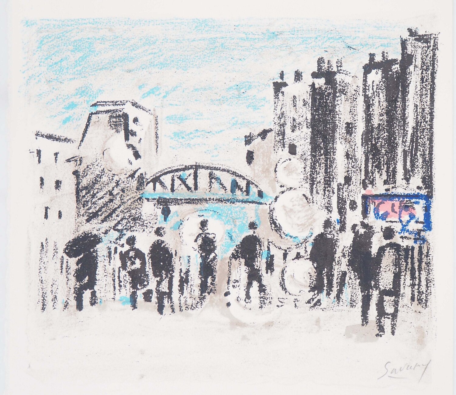 Paris, Vers Saint Lazare, Lithographie originale signée Robert Savary Impresión en venta