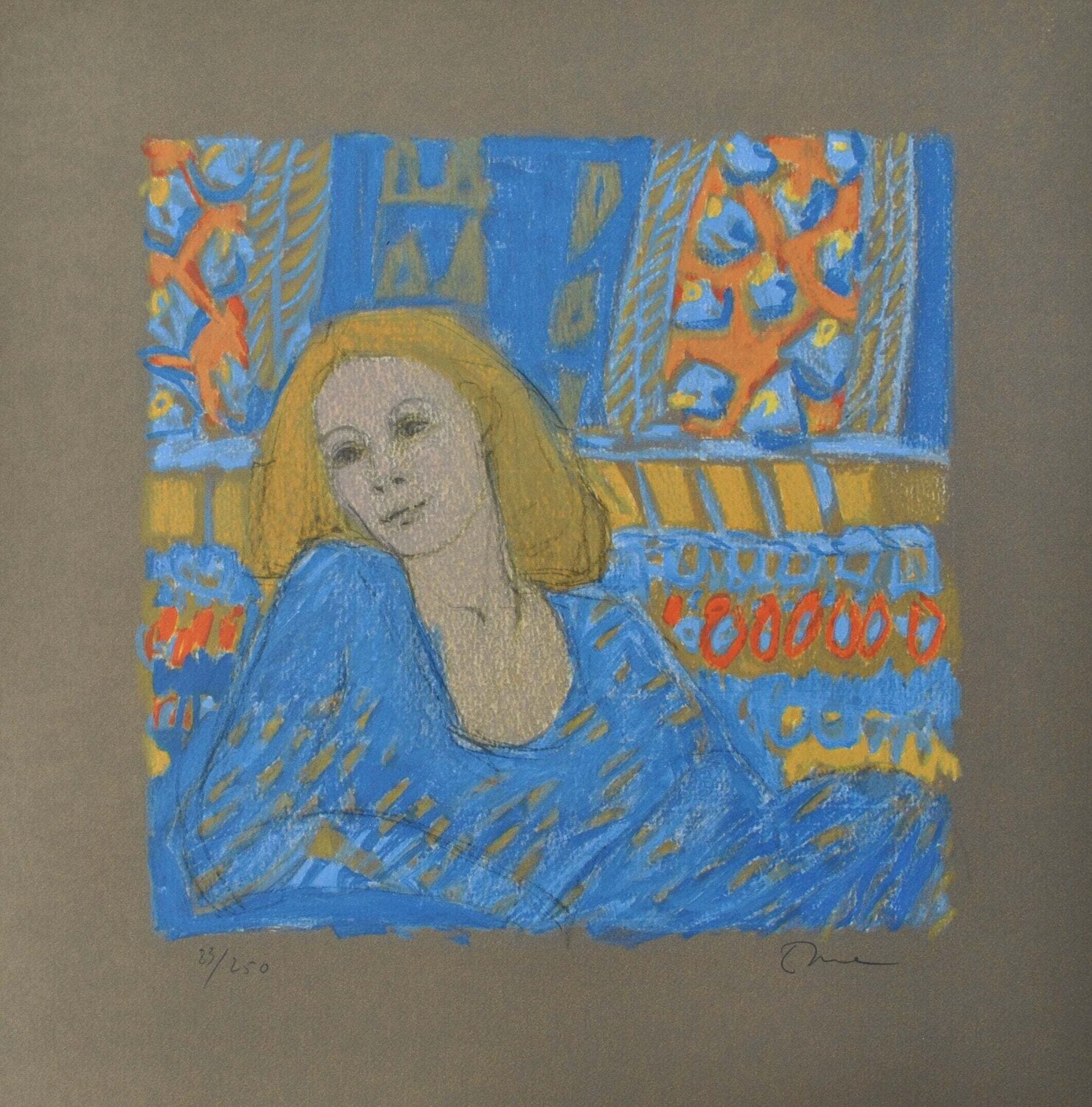 Femme rousse en robe bleue, Lithographie originale Robert Stenne Afdruk te koop