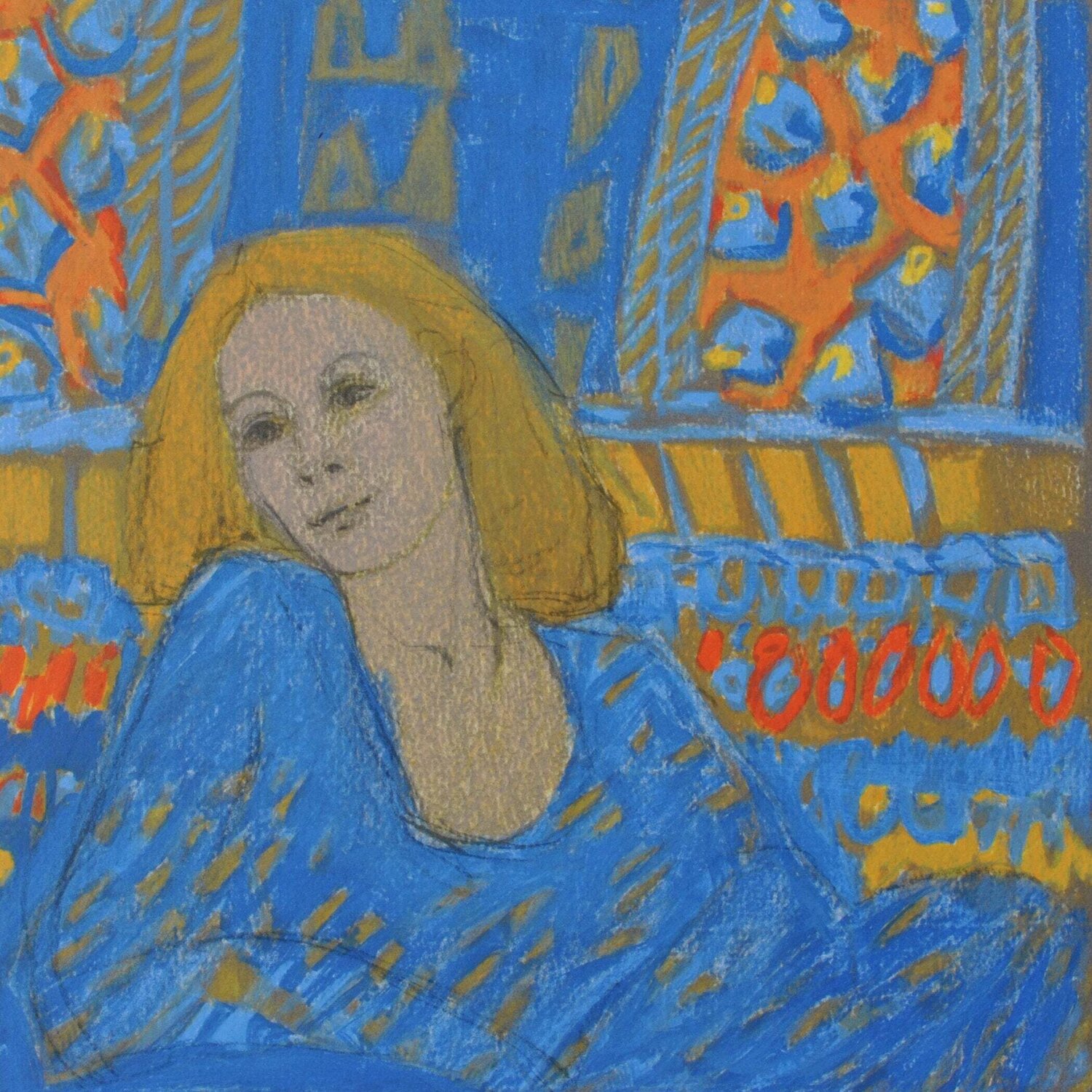 Femme rousse en robe bleue Robert Stenne Stampa in vendita