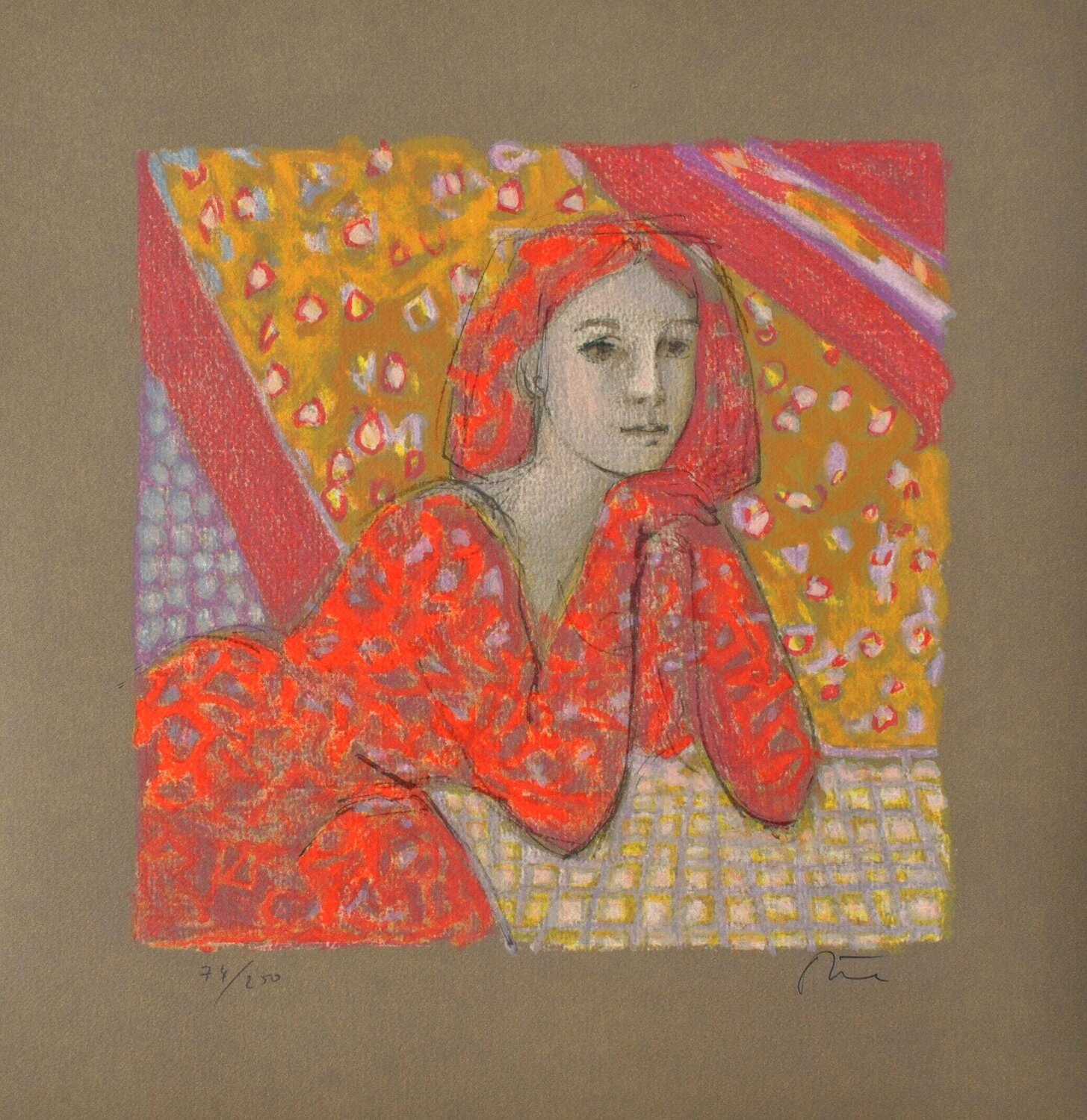 Femme rousse en robe orange, Lithographie originale Robert Stenne Afdruk te koop