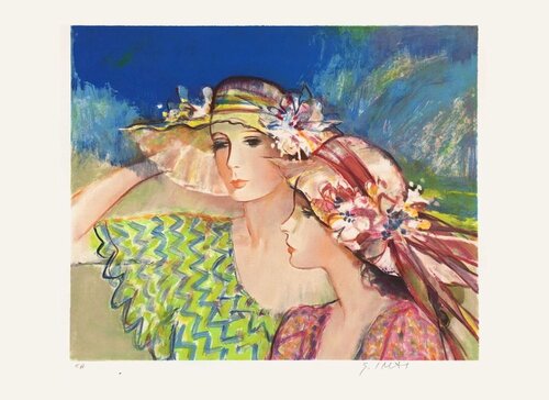 Jeunes filles au chapeau fleuri von Sachiko Imai, Druck kaufen auf Singulart