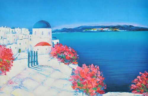 Passage fleuri à Santorin von Serge Fenech, Druck kaufen auf Singulart
