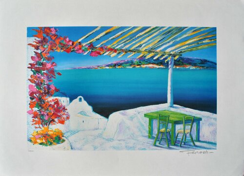 Petite table à Santorin, Lithographie originale signée Serge Fenech