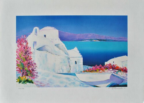 Barque fleurie à Santorin, Lithographie originale signée van Serge Fenech, Afdruk te koop op Singulart