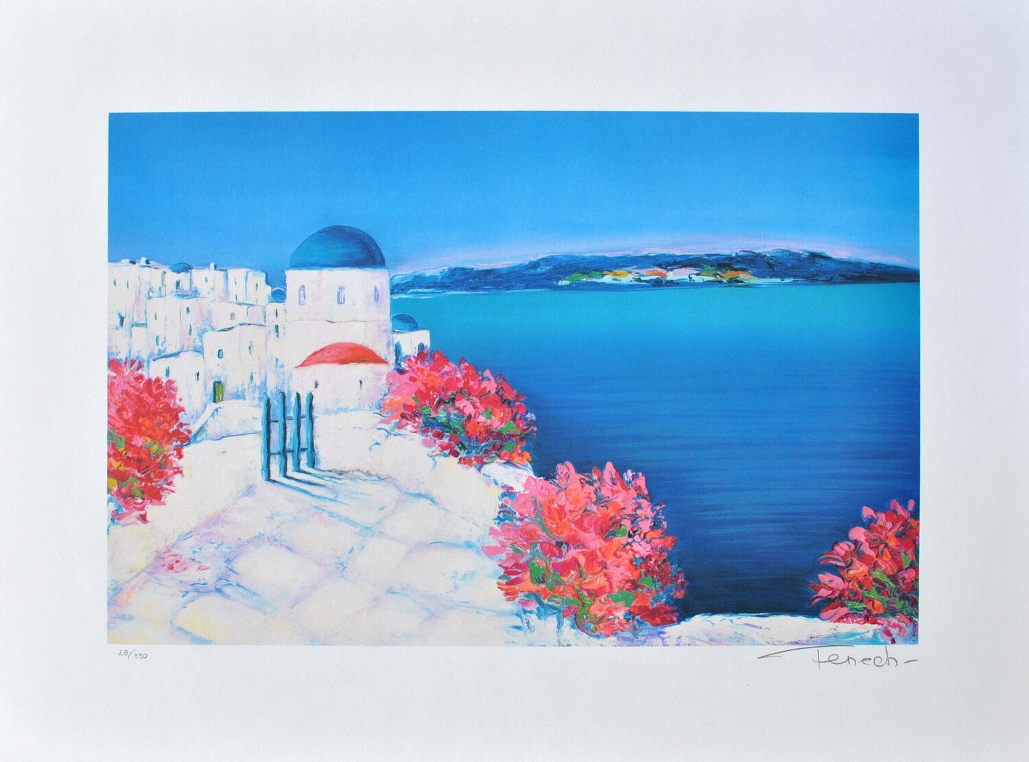 Passage fleuri à Santorin, Lithographie originale signée Serge Fenech Druck zu verkaufen
