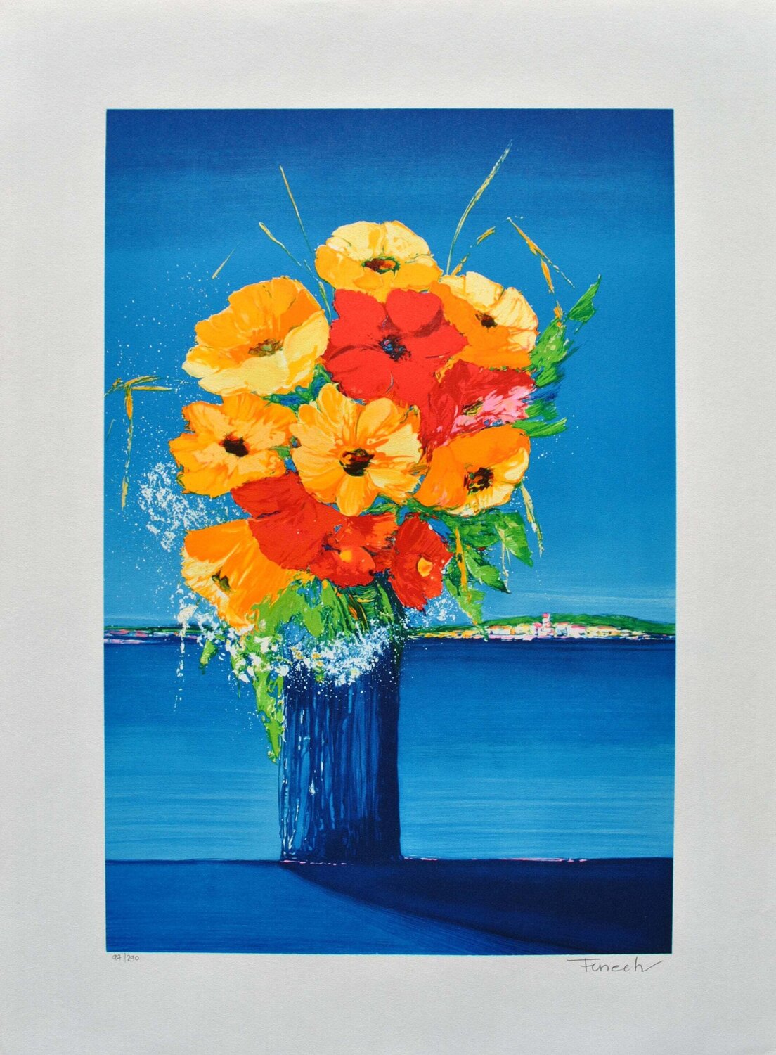 Bouquet fleuri face à la Méditerranée, Lithographie originale signée Serge Fenech Afdruk te koop