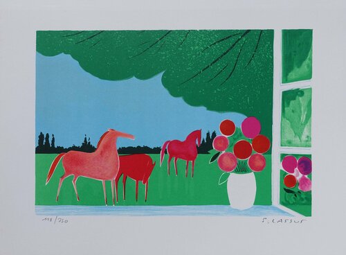 Chevaux en été, Lithographie originale signée Serge Lassus
