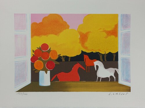 Chevaux en automne, Lithographie originale signée par Serge Lassus, Édition en vente sur Singulart