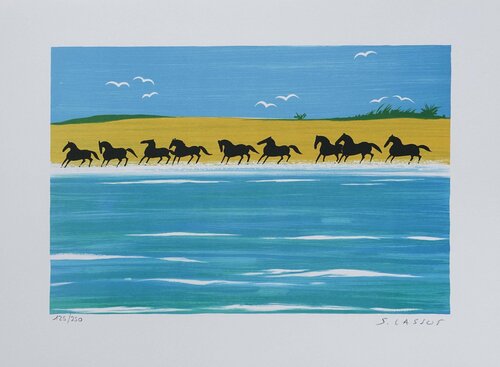Chevaux sauvages sur la plage, Lithographie originale signée par Serge Lassus, Édition en vente sur Singulart