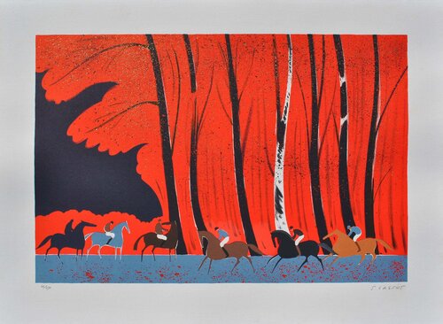 Cavaliers et forêt flamboyante, Lithographie originale signée par Serge Lassus, Édition en vente sur Singulart