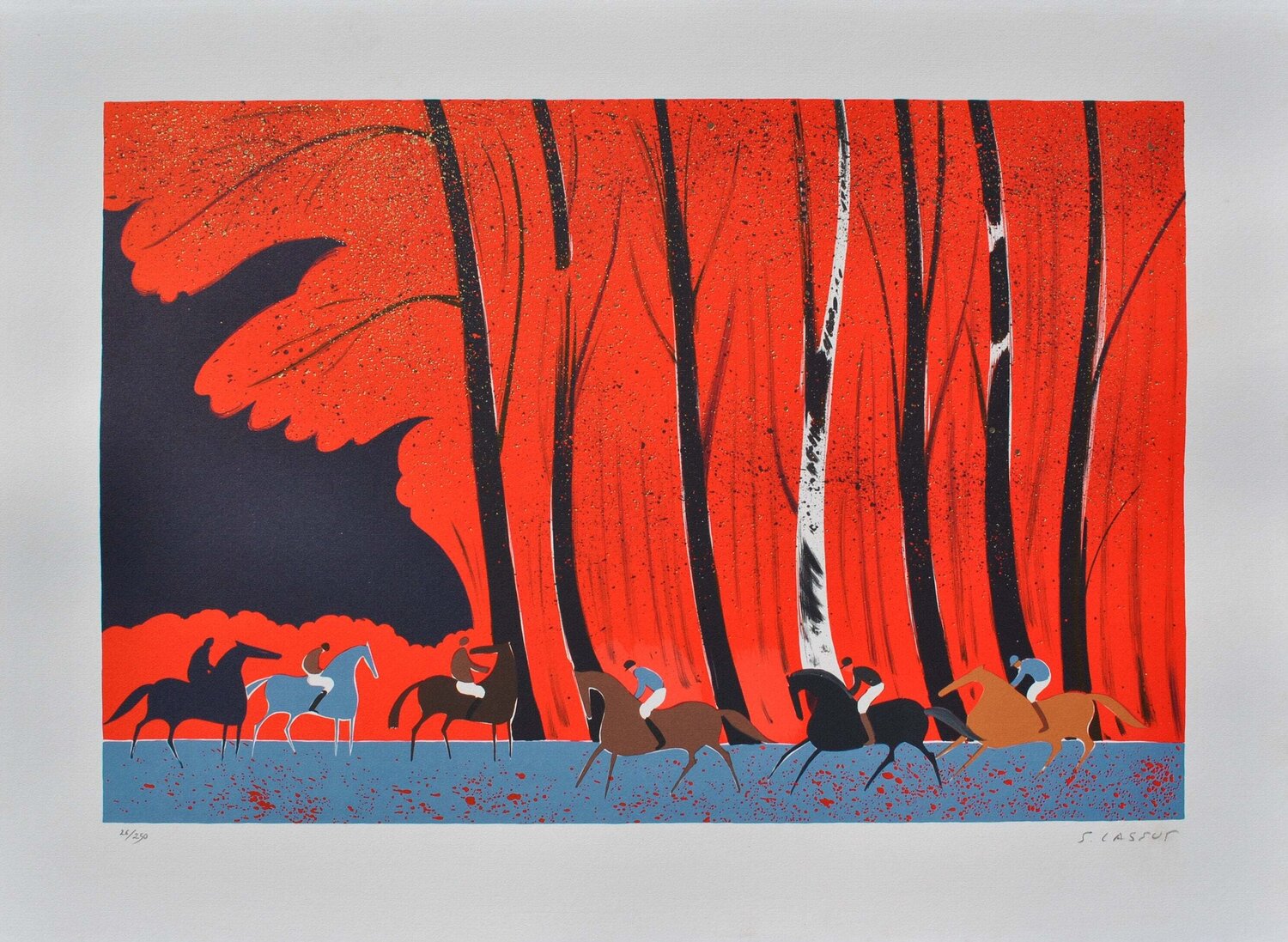 Cavaliers et forêt flamboyante, Lithographie originale signée Serge Lassus Impresión en venta
