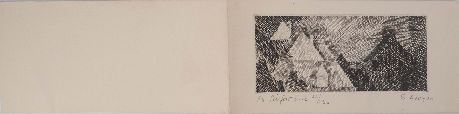 Toits de maisons dans la nuit, Gravure originale signée Simone Gouyon Afdruk te koop