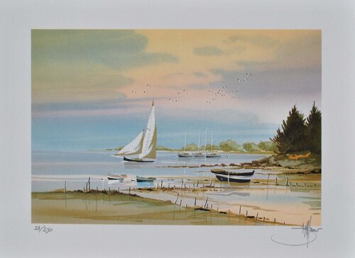 Petit voilier solitaire, Lithographie originale signée Stéphane Lauro