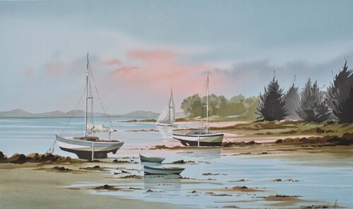 Voiliers et soleil couchant von Stéphane Lauro, Druck kaufen auf Singulart