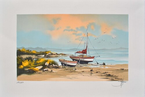 Couché de soleil breton, Lithographie originale signée Stéphane Lauro