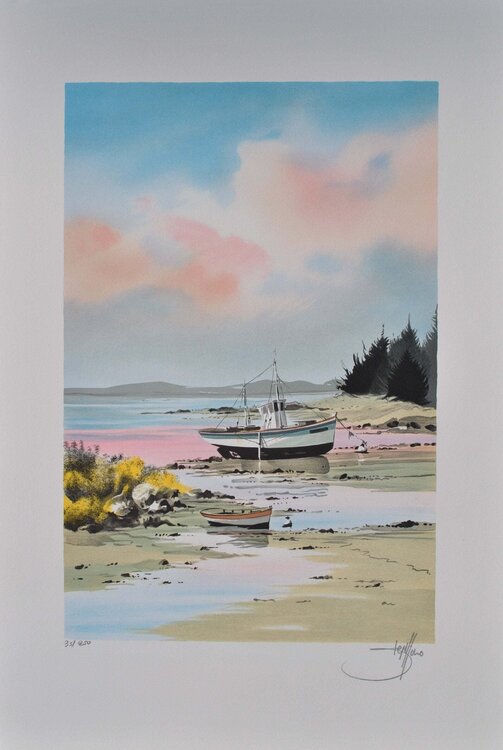 Petit bateau de pêche breton, Lithographie originale signée Stéphane Lauro
