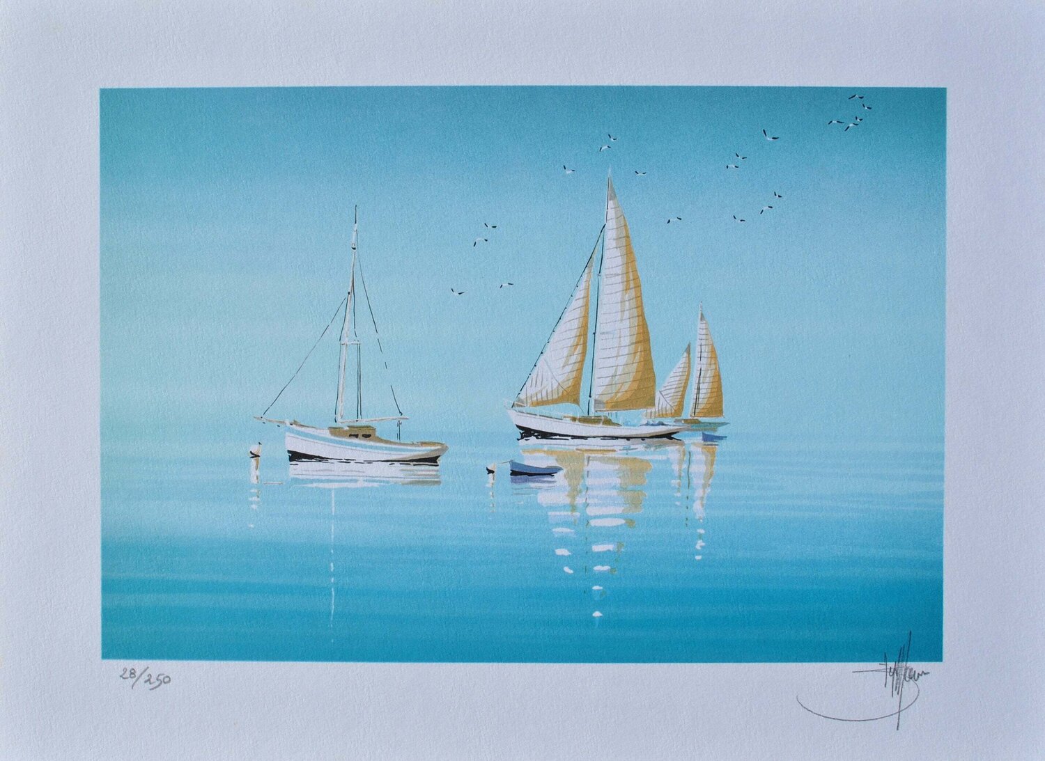Voiliers au petit matin, Lithographie originale signée Stéphane Lauro Print for sale