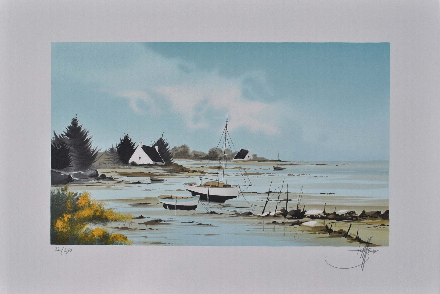Petites maisons bretonnes, Lithographie originale signée Stéphane Lauro Druck zu verkaufen