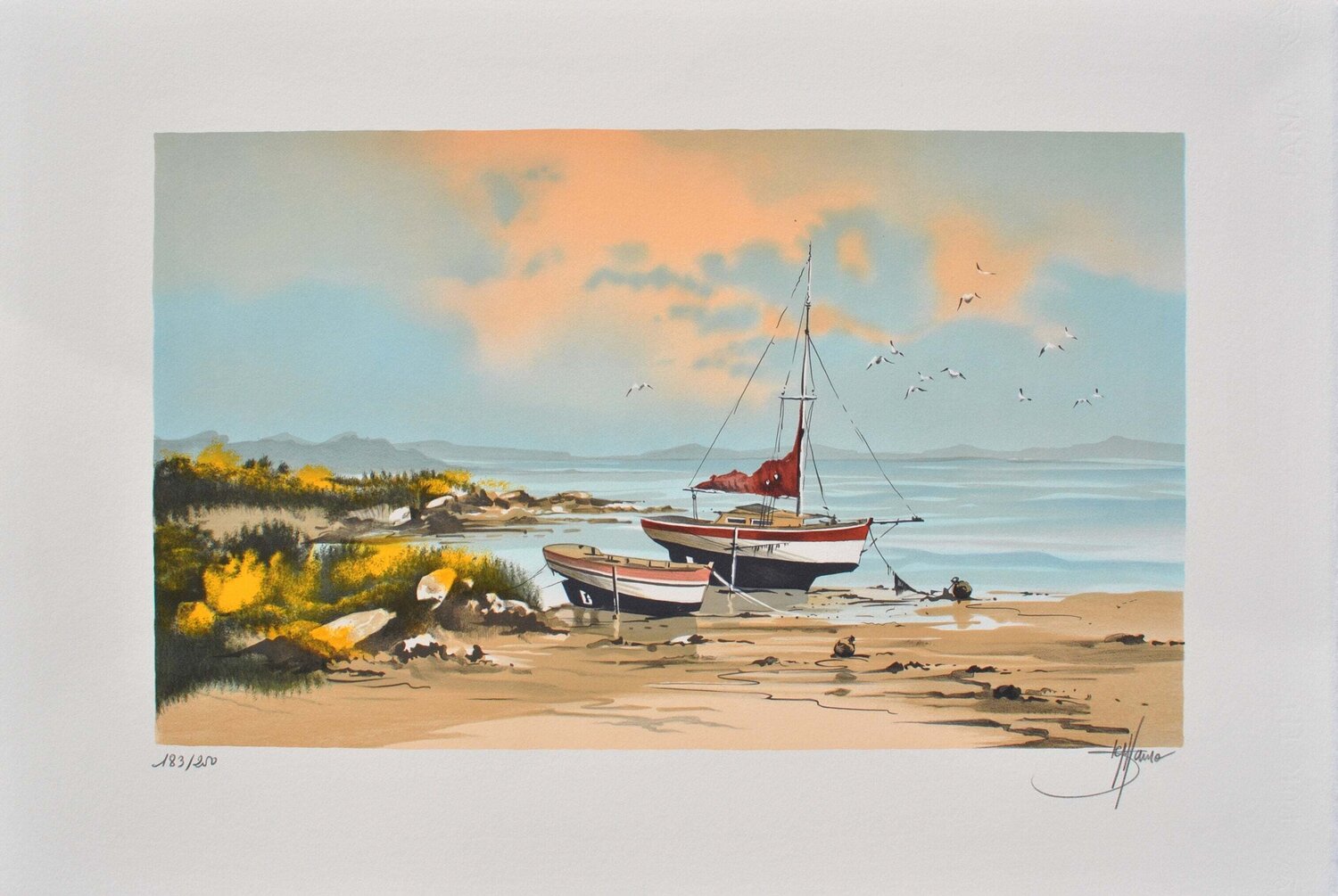 Couché de soleil breton, Lithographie originale signée Stéphane Lauro Druck zu verkaufen