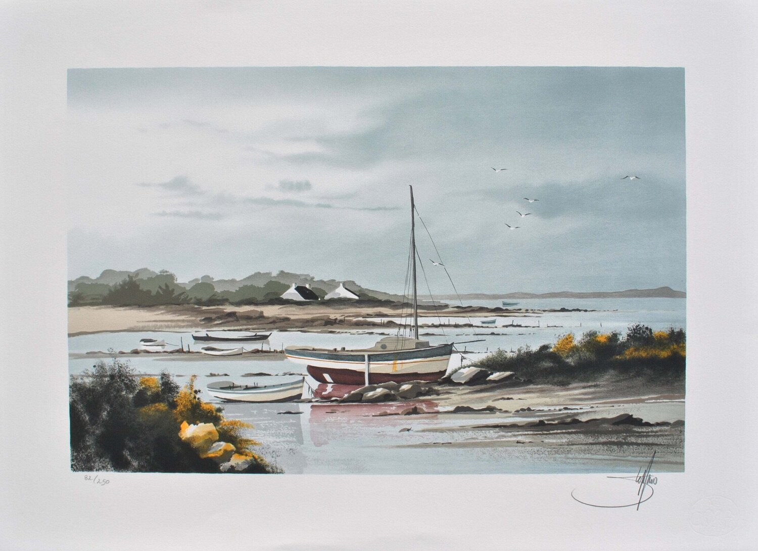 Marée basse à Noirmoutier, Lithographie originale signée Stéphane Lauro Impresión en venta
