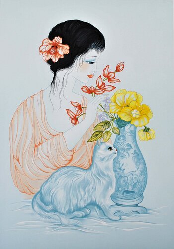 Geisha, vase fleuri et chat de Tran Mara, Impresión a la venta en Singulart