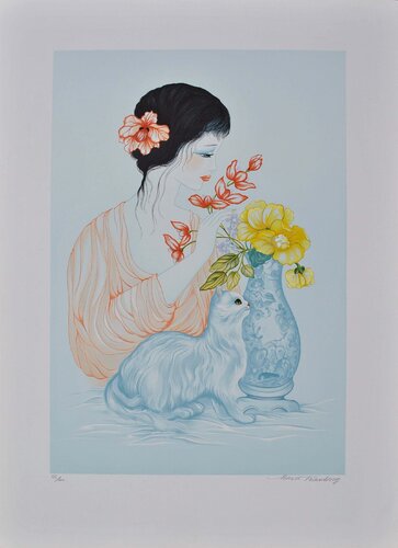 Geisha, vase fleuri et chat, Lithographie originale signée van Tran Mara, Afdruk te koop op Singulart