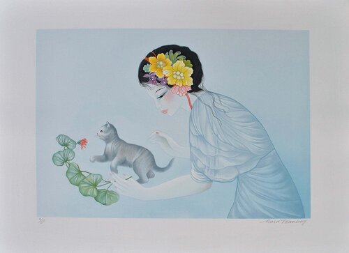 Geisha au chaton, Lithographie originale signée van Tran Mara, Afdruk te koop op Singulart