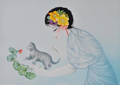 Geisha au chaton by Tran Mara, Print for Sale on Singulart