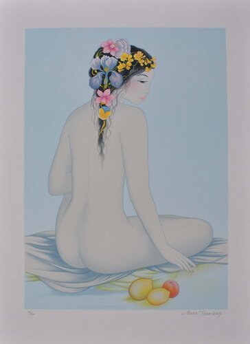 Geisha et les fruits, Lithographie originale signée van Tran Mara, Afdruk te koop op Singulart
