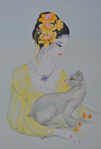Geisha et son chat chartreux de Tran Mara, Impresión a la venta en Singulart