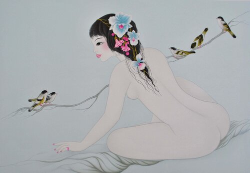 Geisha aux oiseaux di Tran Mara, Stampa in vendita su Singulart
