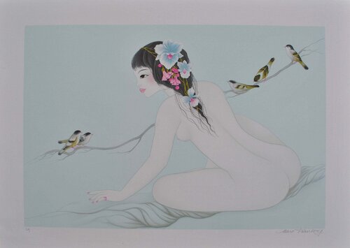 Geisha aux oiseaux, Lithographie originale signée Tran Mara