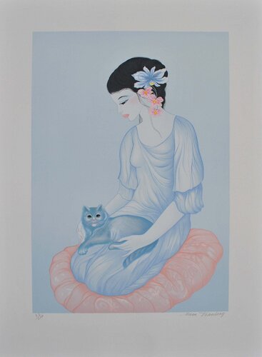 Geisha et son chat, Lithographie originale signée van Tran Mara, Afdruk te koop op Singulart