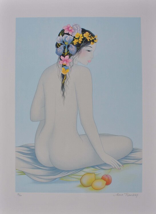 Geisha et les fruits, Lithographie originale signée Tran Mara