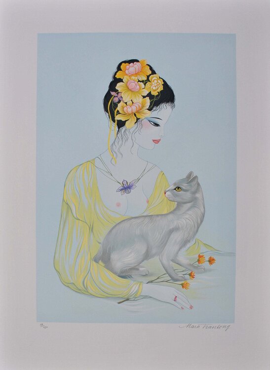 Geisha et son chat chartreux, Lithographie originale signée Tran Mara