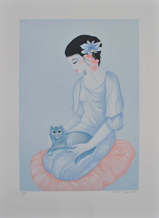 Geisha et son chat, Lithographie originale signée Tran Mara