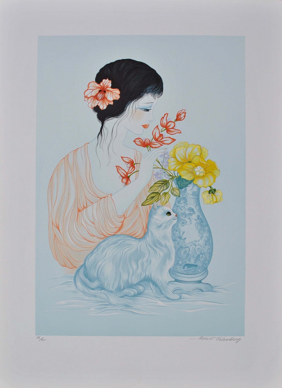 Geisha, vase fleuri et chat, Lithographie originale signée Tran Mara Afdruk te koop