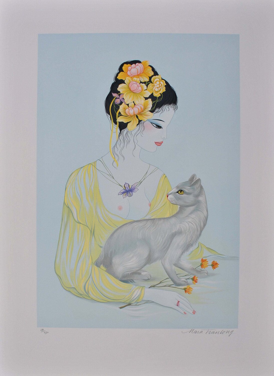 Geisha et son chat chartreux, Lithographie originale signée Tran Mara Afdruk te koop