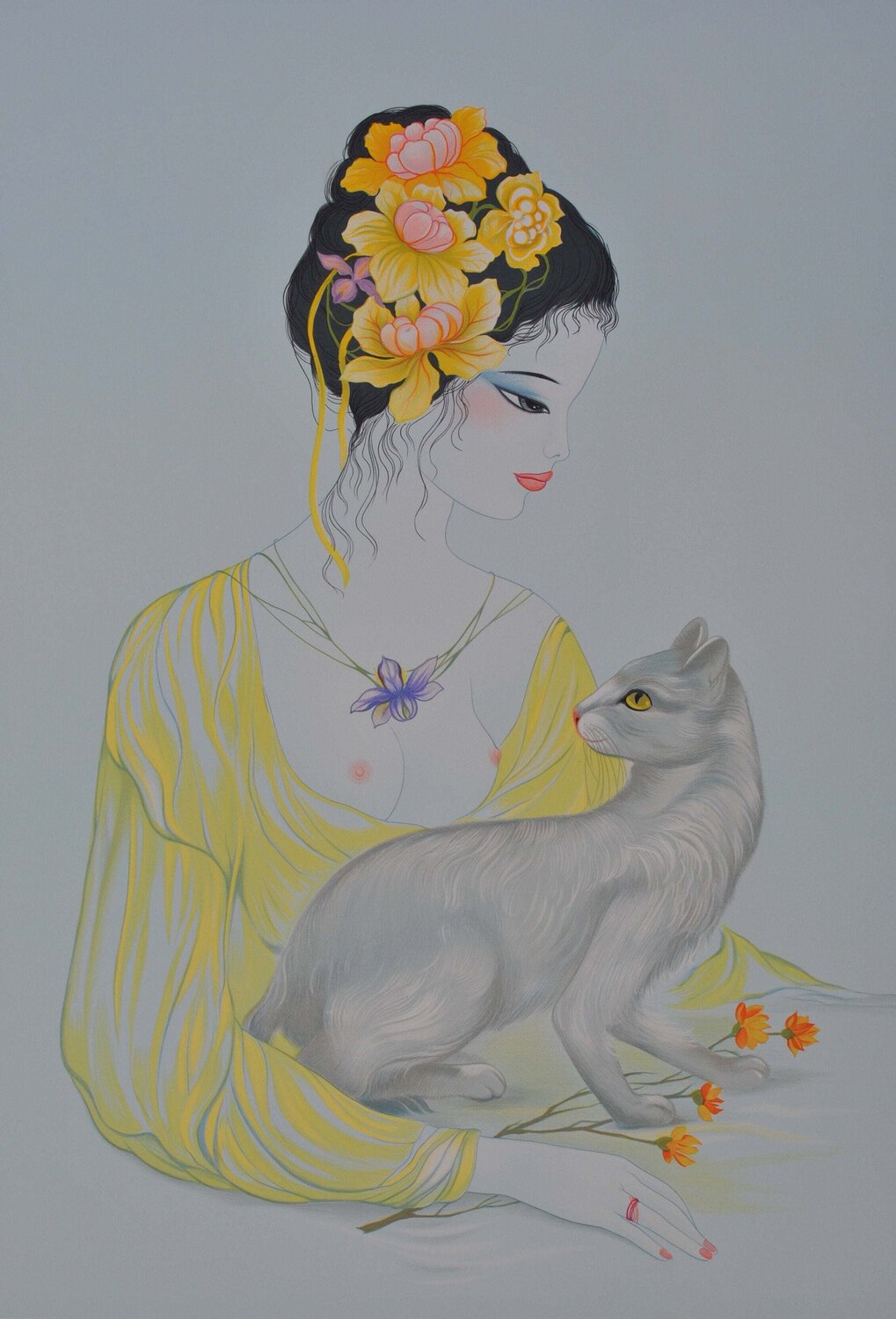 Geisha et son chat chartreux Tran Mara Stampa in vendita