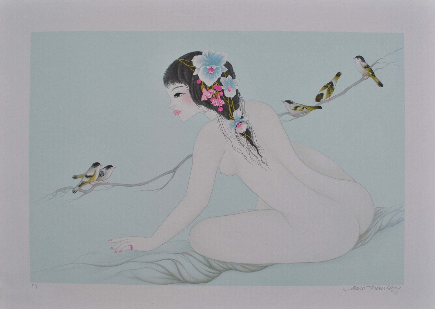 Geisha aux oiseaux, Lithographie originale signée Tran Mara Druck zu verkaufen