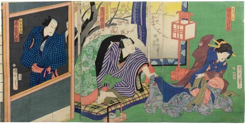 Interior Scene with Courtesan and Actor (Triptych) van Utagawa Toyokuni-II, Afdruk te koop op Singulart