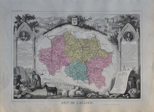 France, Carte ancienne de l'Allier Gravure originale Victor Levasseur