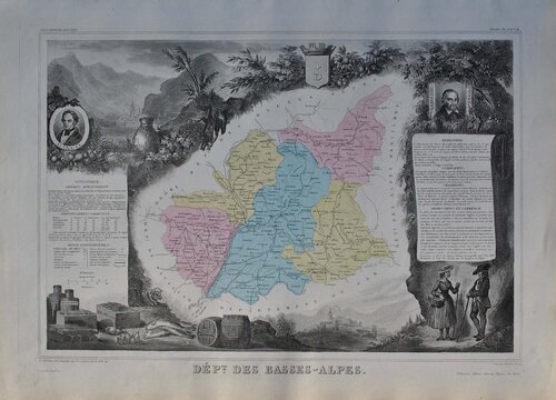 France, Carte ancienne des Basse Alpes, Gravure originale Victor Levasseur