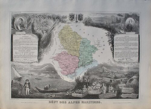 France, Carte ancienne des Alpes Maritimes, Gravure originale Victor Levasseur
