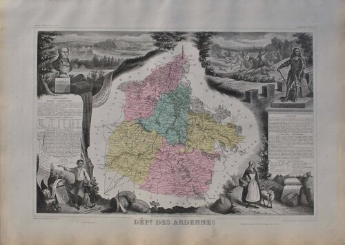 France, Carte ancienne des Ardennes, Gravure originale Victor Levasseur